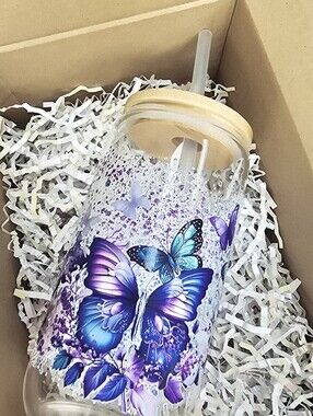 Purple & Blue Butterfly Glass Tumbler w/Straw